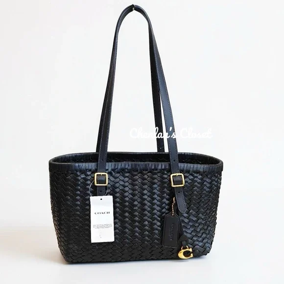Coach Black Woven Leather Swing Tote Carryall Shoulder Bag Purse - Picture 9 of 13